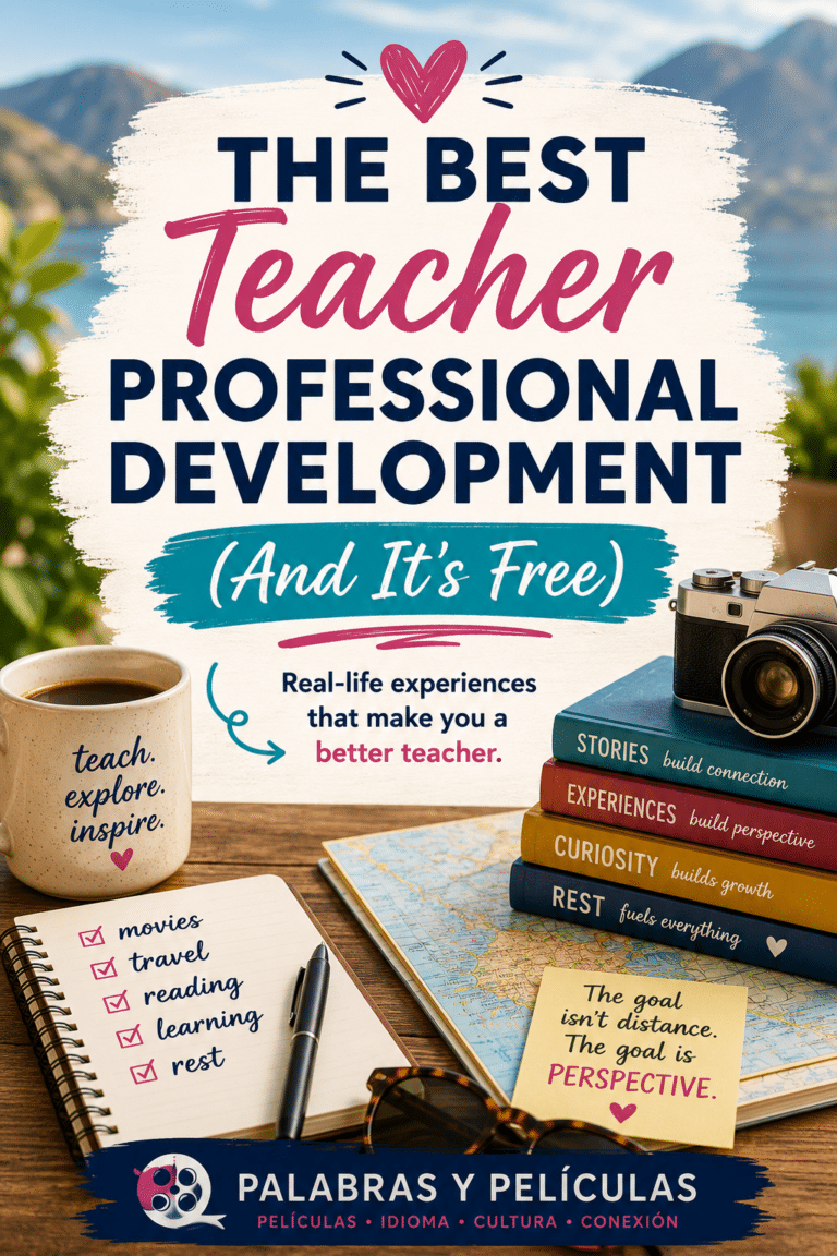 Teacher professional development graphic highlighting travel, reading, films, learning, and rest as ways teachers grow professionally.