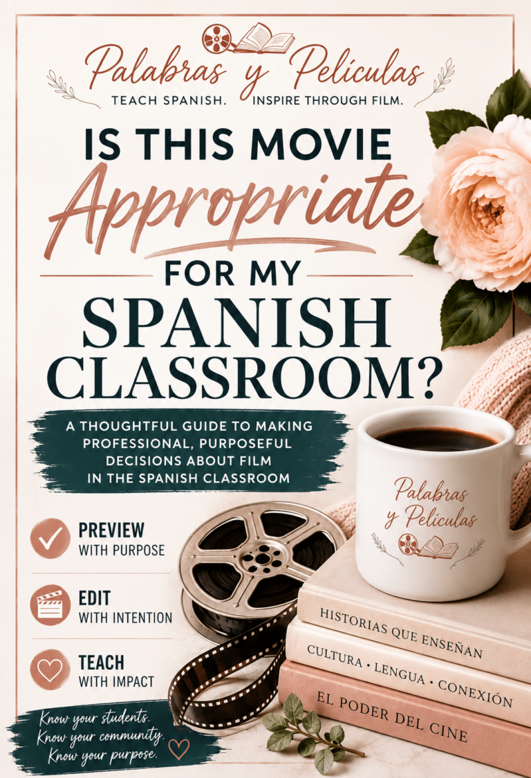 Is This Movie Appropriate for My Spanish Classroom? Blog graphic about choosing, previewing, and adapting films for Spanish students.